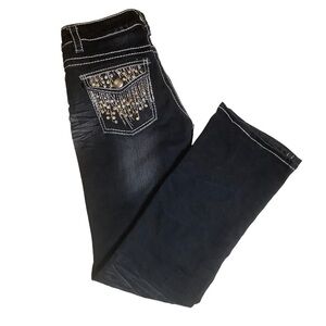 WAREHOUSE ONE PREMIUM DARK WASH JEANS/ Heavy Stitch, jewelled pockets, Size 27